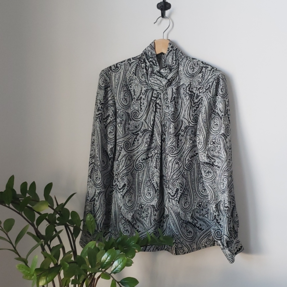 Vintage Black and White Paisley High Neck Blouse